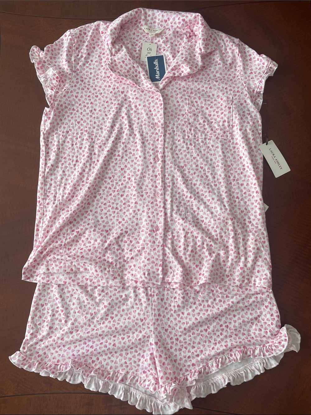 Laura Ashley Pink and White Heart-Print Short Pajama Set